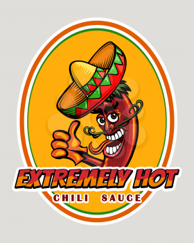 Mexican food Chili Sauce Emblem. Red chili pepper in sombrero label design. Vector illustration.