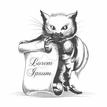 Puss in Boots with Empty Scroll  drawn in engraving style. Vector illustration.