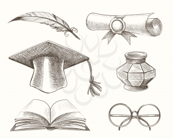 Graduation theme for Medieval high school or college graduation. Accessories drawn in engraving style. Vector Illustration.