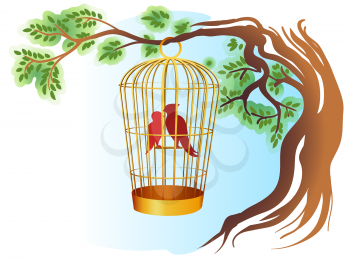 Two Birds in golden cage in watercolor style. Vector illustration.