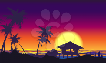 Tropical Sunset Landscape with Palm trees seashore. Vector illustration.