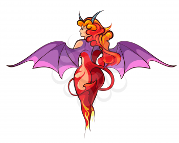 Sexy Woman with wings and horns in Devil Costume. Vector illustration.