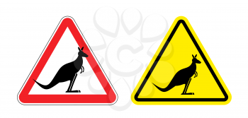 Warning sign of attention Kangaroo. Hazard yellow sign jumping marsupials. Silhouette Australian beast on red triangle. Set  Road signs.