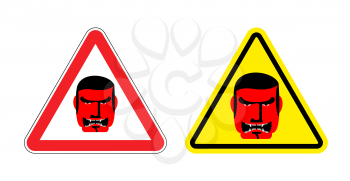 Warning sign of attention an evil boss. Danger sign yellow head. Head villain on red triangle. Set Road signs.
