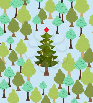 Christmas tree in forest. Greeting card for Christmas and new year. Vector illustrator