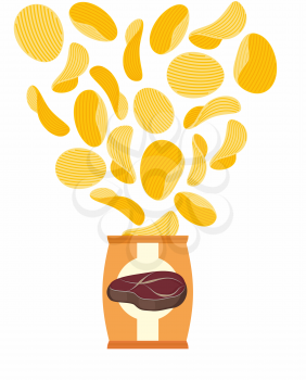 Potato chips with taste of fried steak. Packing chips and flying potatoes. On a white background. Vector illustration