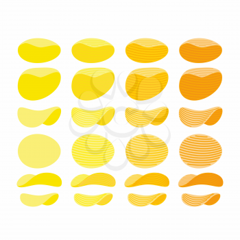 Set of potato chips. Golden, Orange and yellow wavy chips from different angles with different tastes. Vector illustration.
