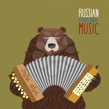 Bear playing accordion. Russian national musical instrument.