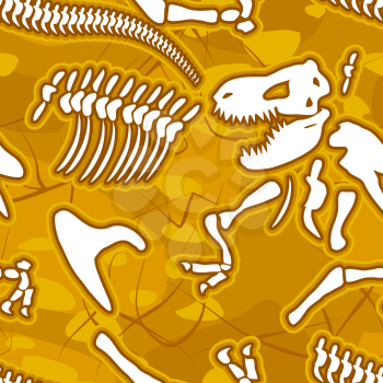 Dinosaur bones seamless background. Pattern of skeleton of ancient animals. Vector ornament fossil Tyrannosaurus Rex. Bones of the Mesozoic period, sand and Earth.
