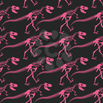 Jurassic dinosaur bones seamless pattern. Tyrannosaurus skeleton pink. Ancient fossil ornament. Vector background of Archeology.