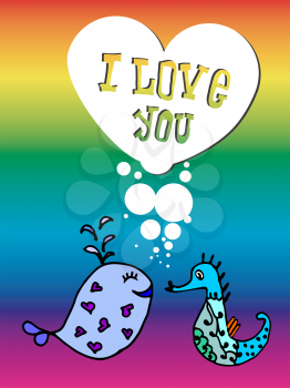 Valentine for gays, the heart of bubbles, cartoon fish in the sea, I love you, postcard for 14 February, Rainbow background, lgbt