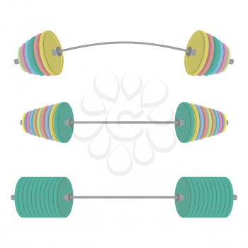 Athletic barbell with colored discs. Sports set projectile. Vector illustration