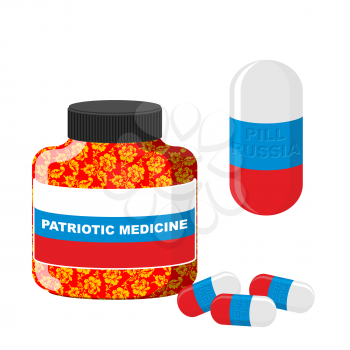 National Patriotic medicine in Russia. Pill with Russia. Vector illustration. Bottle with pills.
