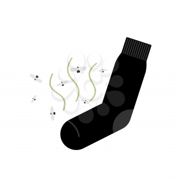 Dirty smelly sock with a bad smell and flies. Vector illustration
