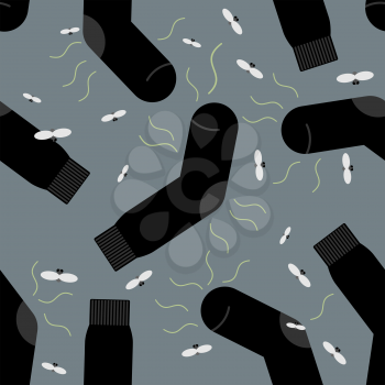 Dirty smelly sock seamless pattern. Bad smell and flies. Vector background clothing accessories.
