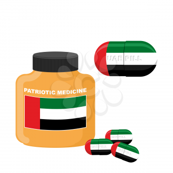 National Patriotic medicine UAE. Pill with the flag of the United Arab Emirates. Vector illustration. Bottle with pills.
