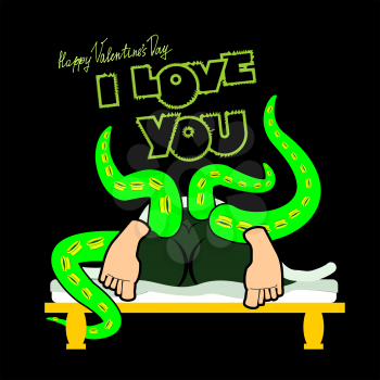 Valentine, joyful unusual Valentine's Day Card, a funny, dark background, sex on a bed, love and relationships between people, I love you. Woman and Cthulhu, On the bed in the dark. valentine funny