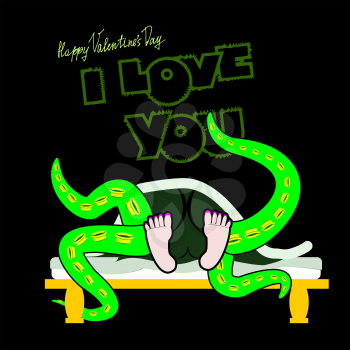 Valentine, joyful unusual Valentine's Day Card, a funny, dark background, sex on a bed, love and relationships between people, I love you. Woman and Cthulhu, On the bed in the dark. valentine funny