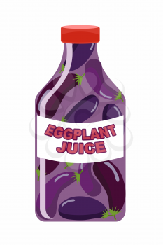 Eggplant juice. Juice from fresh vegetables. Eggplant in a transparent bottle. Vitamin drink for healthy eating. Vector illustration.