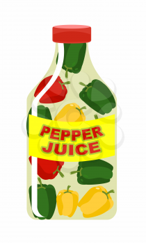 Pepper juice. Juice from fresh vegetables. Colored peppers in a transparent bottle. Vitamin drink for healthy eating. Vector illustration.
