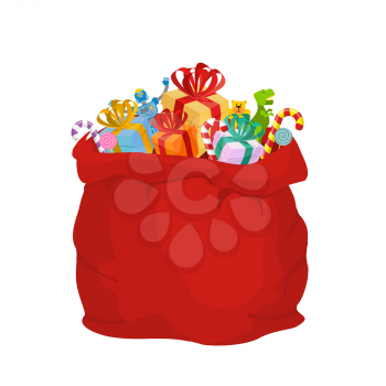 Bag with gifts Santa Claus. Big Red festive holiday bag. Many gifts for kids: Dinosaur and robot bear and sweets. Mint Christmas candy. Illustration for new year.
