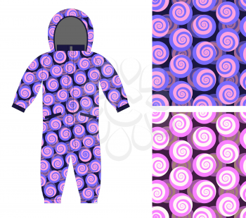 Kids Coverall of abstract spiral pattern. Set  snail seamless background. Textures for boys and girls. Children's clothing design template.
