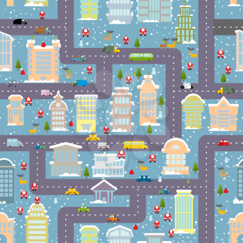 Winter city seamless pattern. Christmas in city. Map real estate and transport. Skyscrapers and people. Santa Claus brings presents. City life in new year. Elf and Christmas tree. Reindeer and snowman