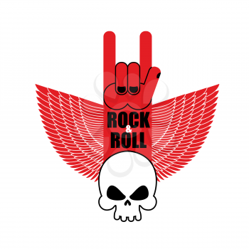 Rock and roll hand sign and wings with  skull. Symbol for lovers of rock music. Logo for rock band.

