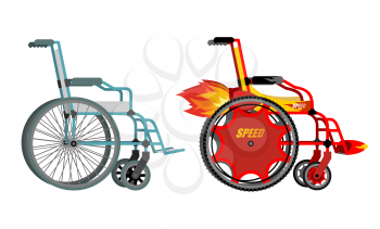 Standard and custom wheelchair. Armchair with turbo engine for high speed. Turbine with fire. Racing in wheelchairs for persons with disabilities.