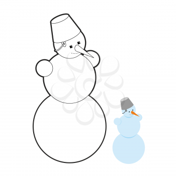 Snowman coloring book. Christmas character out of snow. Cheerful snowman with carrot and bucket on his head. New year snow sculpture.