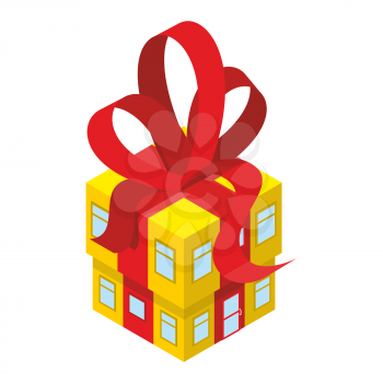 Building box gift with red bow. Yellow House with tape. In festive box with Windows and doors. An unusual House. Concept for more celebratory office building.