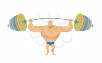 Bodybuilder raises sports barbell with colored discs. Bench press barbell standing. Strong man with big muscles. Vector illustration of an athlete