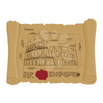 Drawing of Colosseum at Ancient scroll. Retro Scheme of ancient architectural structures in Rome. Archaic architectural sights of Italy. Design of architecture in ancient papyrus.
manuscript of buildi