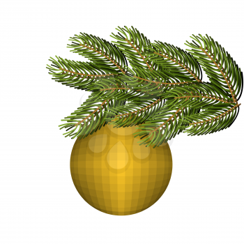 Green lush spruce and gold ball ornament for Christmas and new year. Holiday tree.
