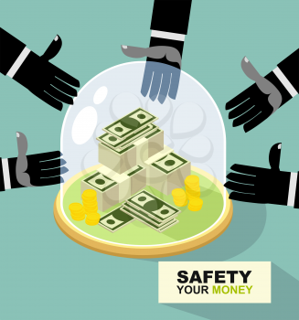 hands are drawn to money. Protection against thieves. business illustration