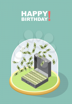 Happy Birthday. Falling money. Case of money. Wealth. Congratulations greeting card. vector illustration.