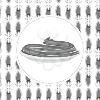 Black spaghetti against  backdrop of  cuttlefish. Vector illustration of pasta.