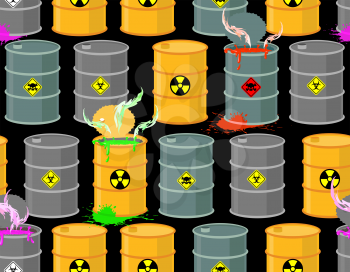 Biohazard seamless pattern. Open barrels of radioactive and toxic substances. Danger to life. Vector illustration.
