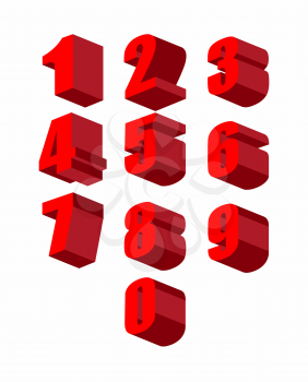 Set 3D red numbers vector set. Zero to ten. Vector illustration