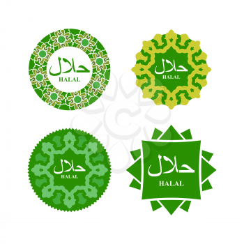 Logo of Halal products. Text of in Arabic Halal. Vector illustration. Set icons.