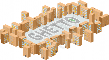 Ghetto district. Building in form of letters. Vector illustration. A poor district on outskirts
