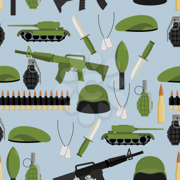 Army seamless pattern. Arms background. Tanks and hand grenade. Automatic and green beret. Soldiers texture. Ornament of military: soldiers helmet and badge. Bandolier and knife.
