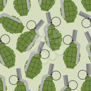 Green grenade seamless pattern. Background military projectile. Texture of an Army ammunition. Manually grant the soldiers equipment. Ornament of bomb PIN.
