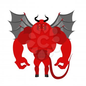 Satan. Red Devil with wings. Big and powerful demon. Bodybuilder Satan with large muscles and tail. Vector illustration of an athlete from hell
