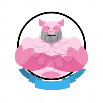 Angry pig Round emblem. Big boar bodybuilder. Vector logo farm animal.
