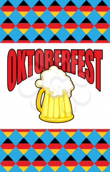 Mug of beer for Oktoberfest. Character Beer Festival against backdrop of rhombuses of  German flag. Vector illustration