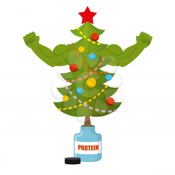 Strong Christmas tree. Bodybuilder Tree athlete with big muscles. Festive tree Bank protein. Sports nutrition and new year. Decorated Christmas tree on steroids. Sports tree for winter holiday