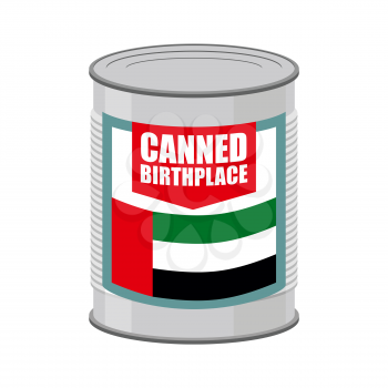 Canned birthplace. Patriotic Preserved birthplace. Part of motherland in Tin. Preserved land for emigrants from UAE. Food for refugees in alien territory. Flag Of  United Arab Emirates on label