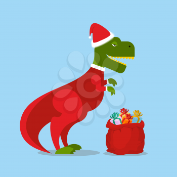 Dinosaur Santa Claus. T-Rex in  Christmas hat. Tyrannosaurus with gift bag. Hilarious lizard with  smile from new year. Holiday postcard, poster.
