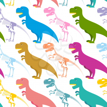 Dinosaur and skeleton seamless pattern. Tyrannosaurus t-Rex and bones background. Colorful predator. Ancient Creeper. Skeleton of an ancient monster. Texture for baby tissue.
